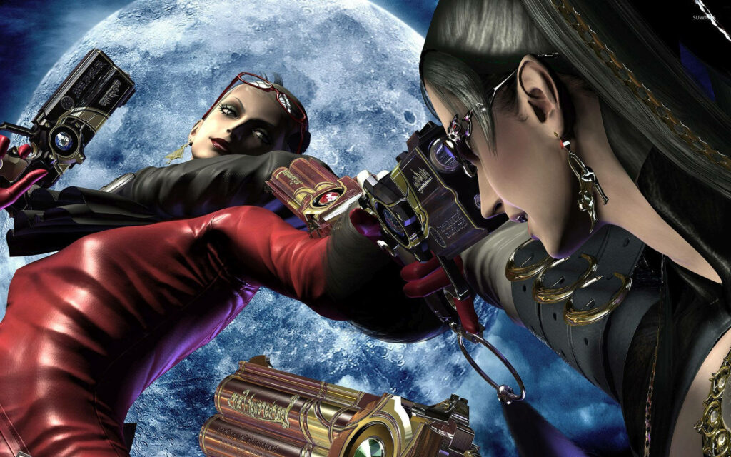 Bayonetta and Jeanne battling under full moon with dynamic poses and iconic weapons wallpaper