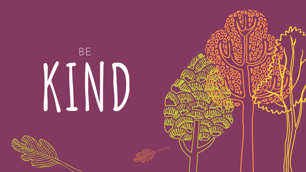 Playful doodle trees warm colors purple background with bold white Be Kind inspiring message wallpaper