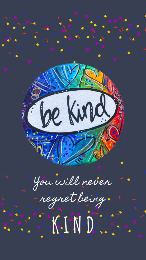 Colorful be kind circle wallpaper with vibrant confetti stars and inspiring kindness message background