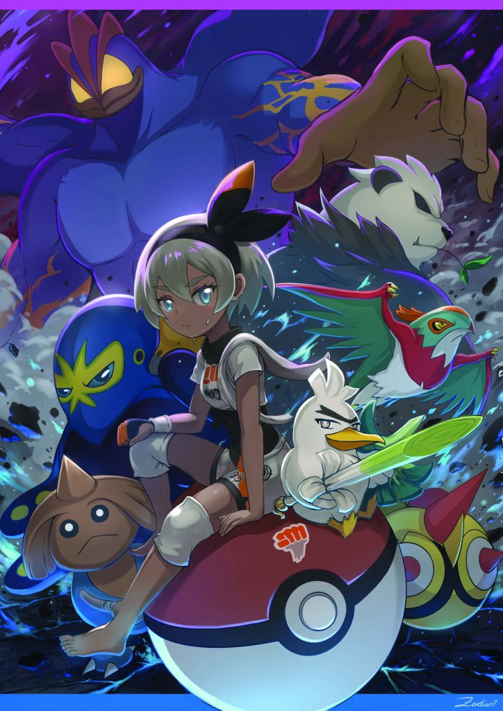 Anime wallpaper of Pokémon Gym Leader Bea with Fighting-type team on custom Poké Ball background