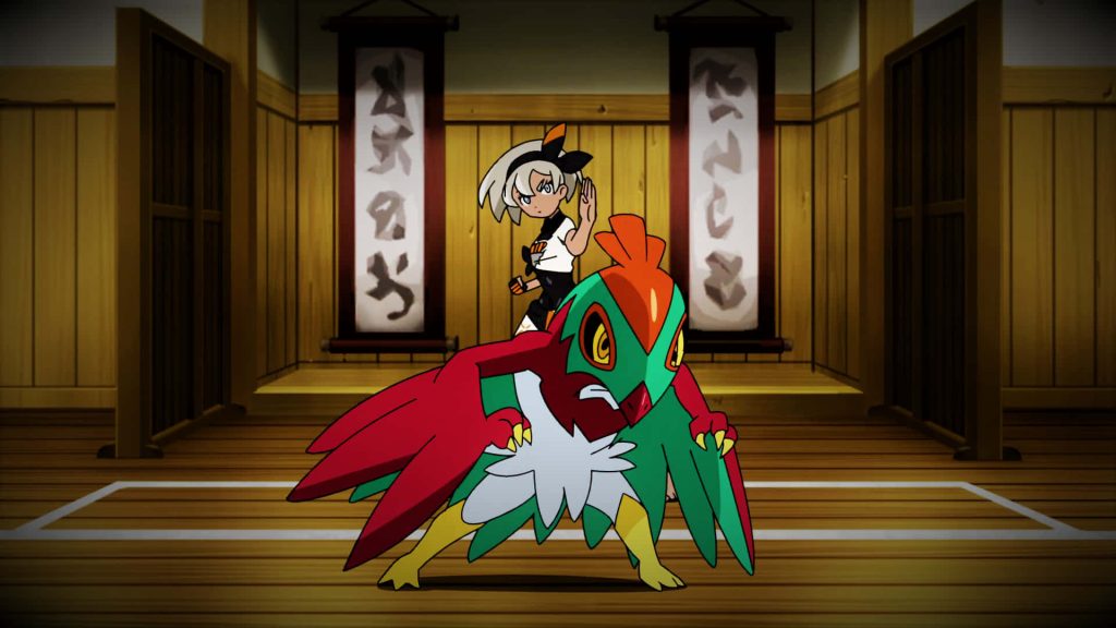 Bea Fighting-type Gym Leader and Hawlucha in vibrant dojo Pokémon anime wallpaper background