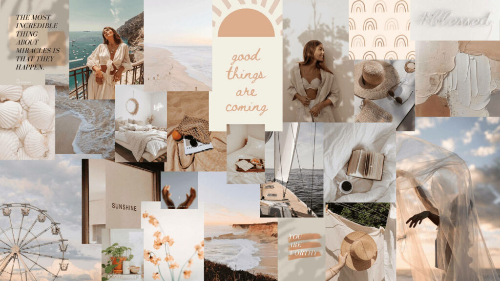 Serenity by the Shore: A Beige Aesthetic Laptop Oasis Wallpaper