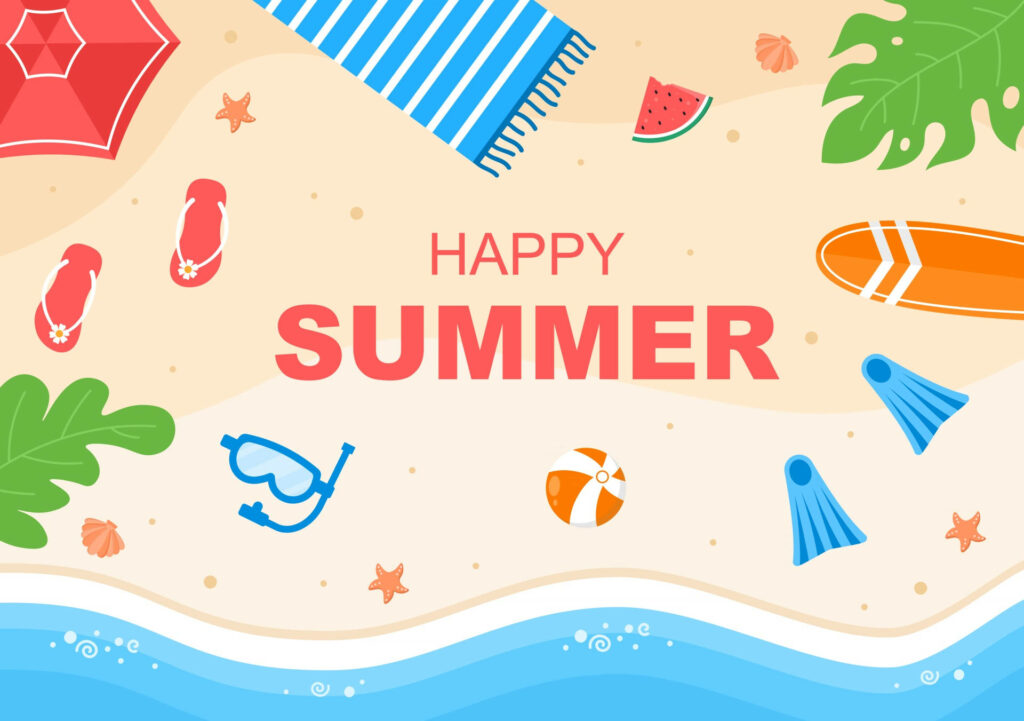 Top-down summer beach scene with surfboard snorkel flip-flops happy summer wallpaper background