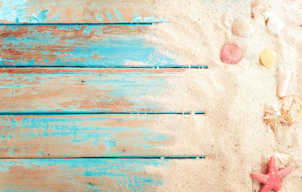 Rustic Blue Wooden Wallpaper with Sand, Seashells & Starfish