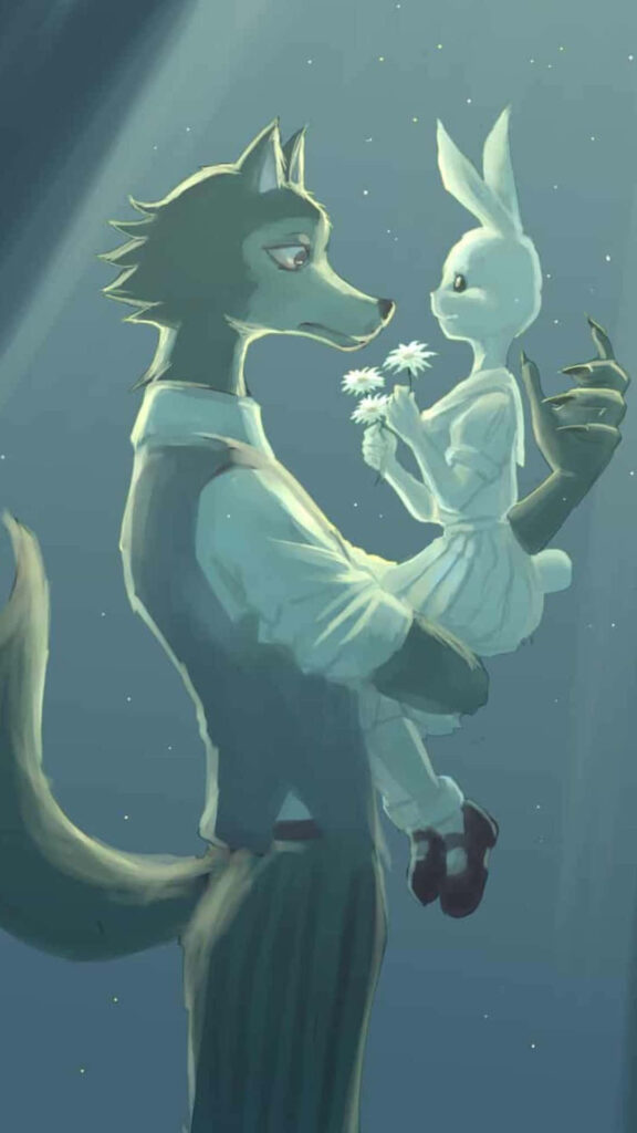 Beastars Wallpaper: Legoshi & Haru's Tender Moment Under Glowing Light
