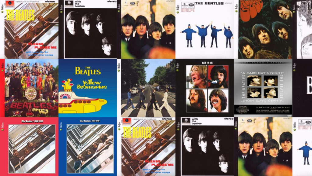 The Beatles album collage wallpaper with iconic covers of Lennon McCartney Harrison and Starr