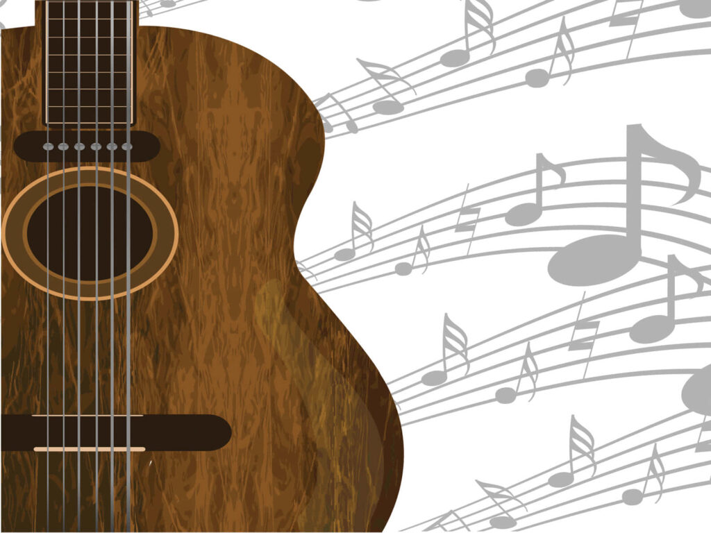 Artistic Acoustic Guitar Wallpaper: Musical Notes Background Design