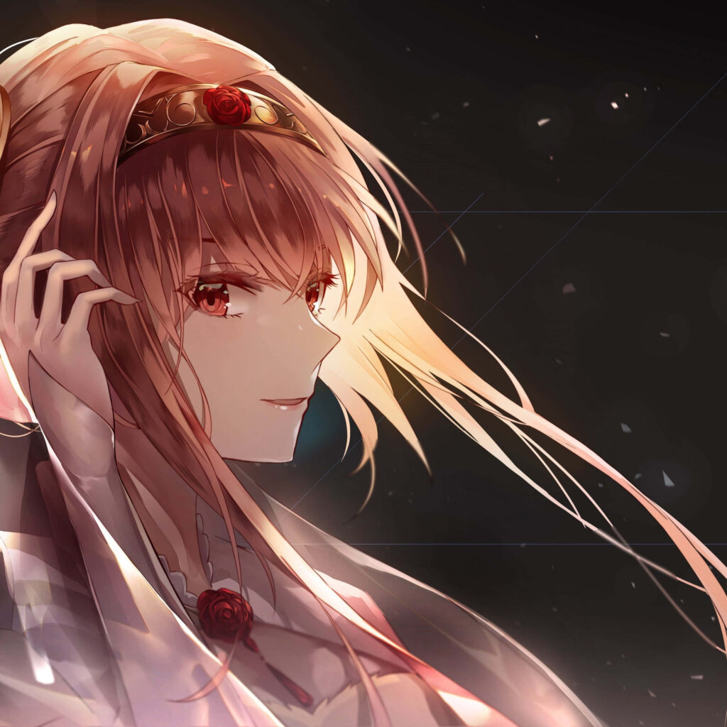 Serene Anime Girl Wallpaper with Rose Crown & Elegant Backdrop