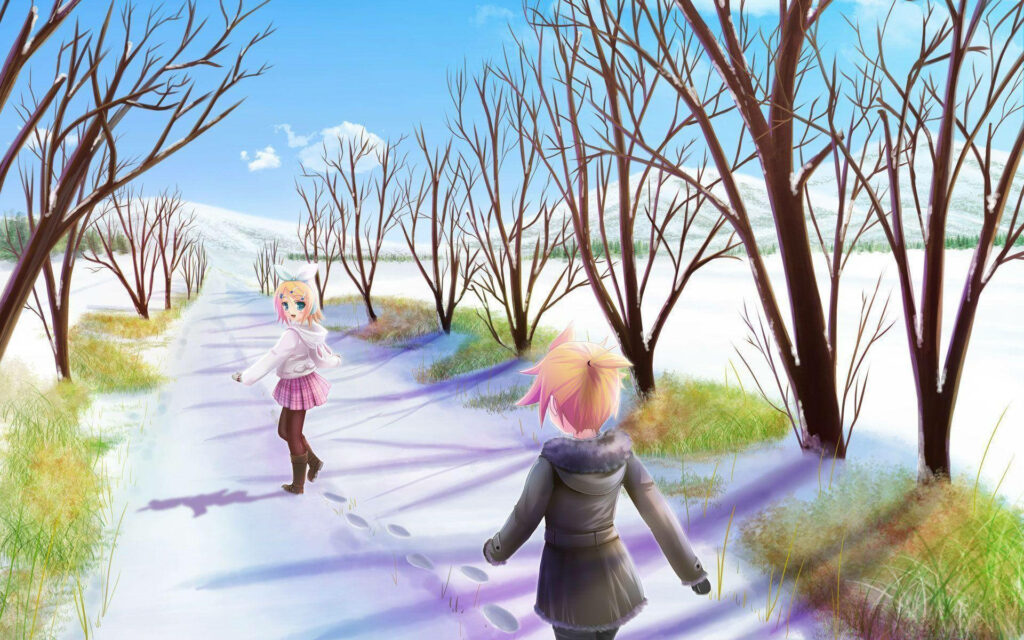 Radiant Winter Wonderland: Blissful Anime Duo Embrace a Magical Snowscape Wallpaper
