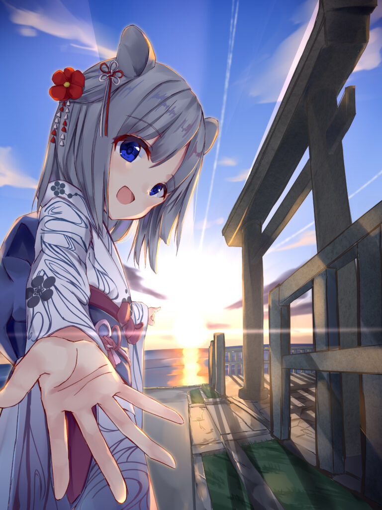 Vibrant Anime Wallpaper: Smiling Girl in Kimono by Torii Gate at Sunset