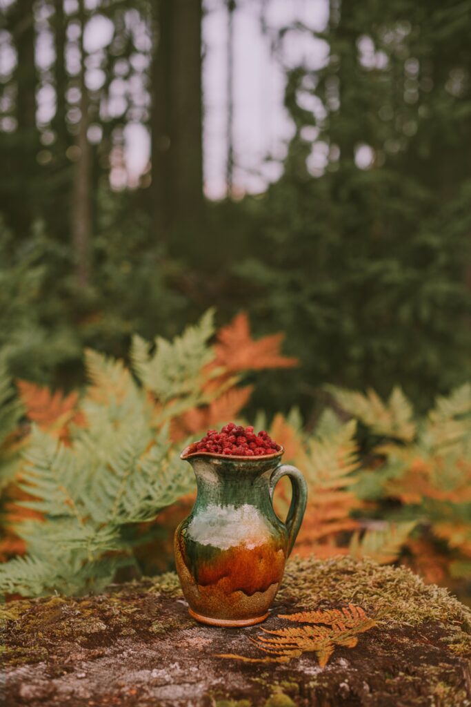 Autumn Wallpaper: Rustic Jug of Raspberries Amidst Warm Foliage