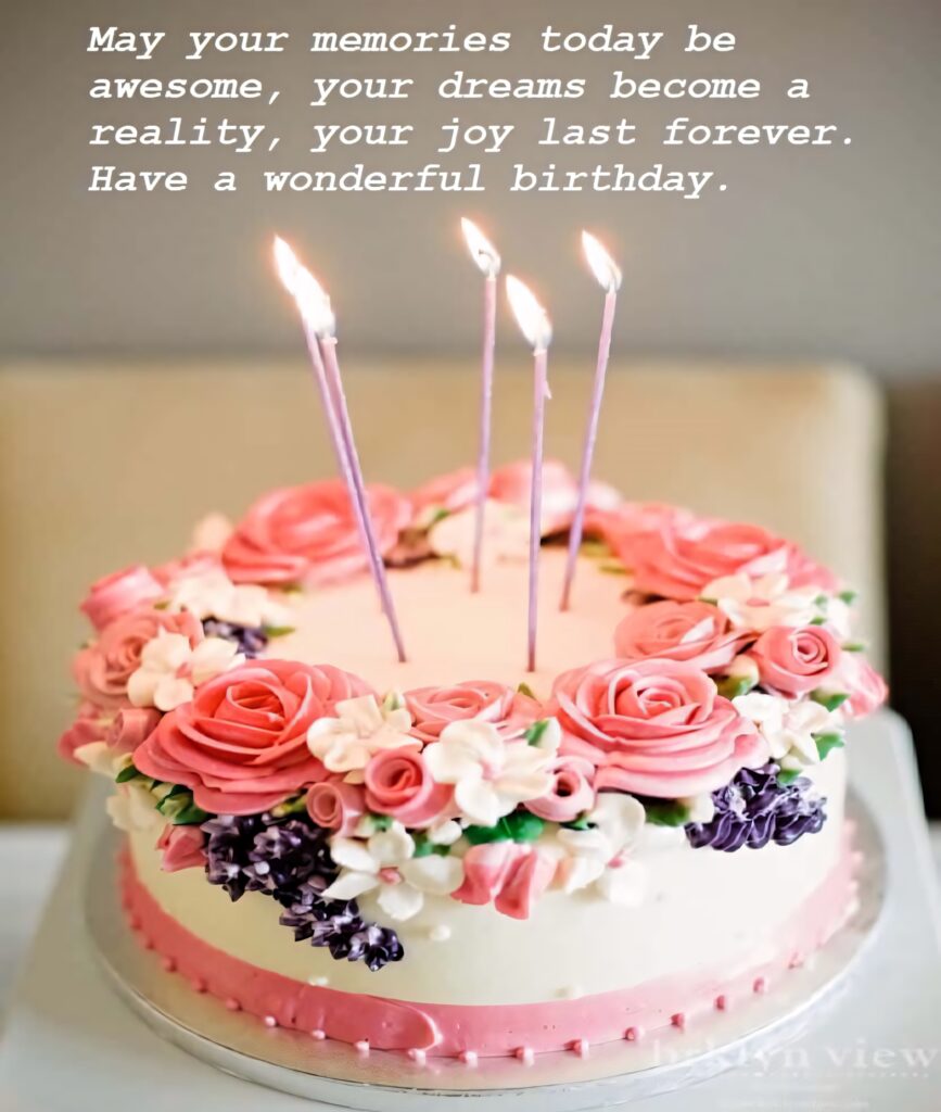 Charming Birthday Cake Wallpaper with Pink Roses & Heartfelt Message