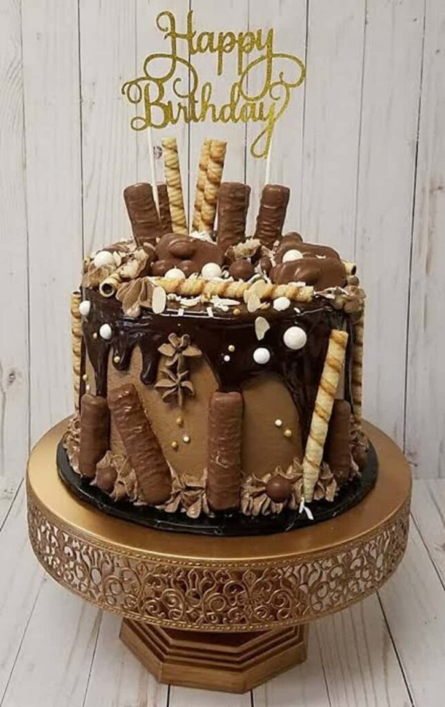 Elegant Birthday Cake with Chocolate Icing & Festive Decor Wallpaper