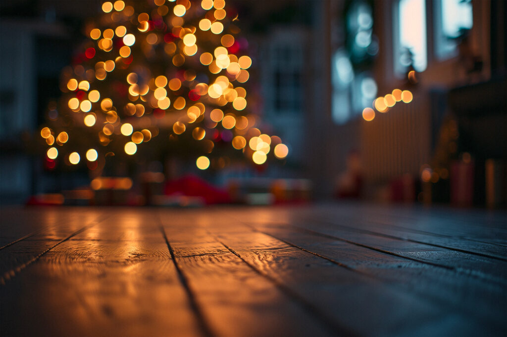 Dreamy Blurred Christmas Tree Wallpaper with Bokeh and Rustic Charm