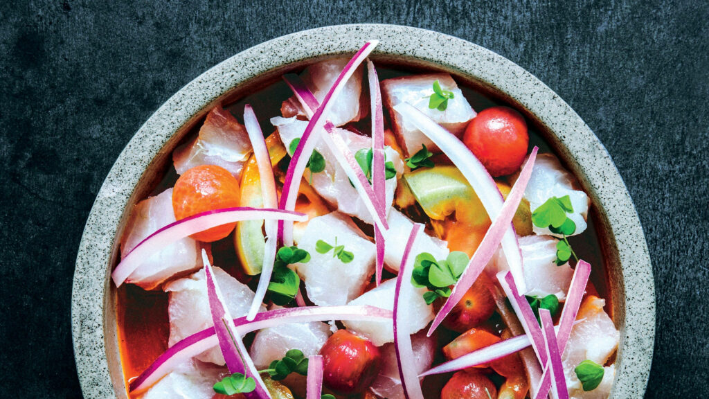 Rustic Ceviche Wallpaper: Fresh Fish, Avocado & Cherry Tomatoes