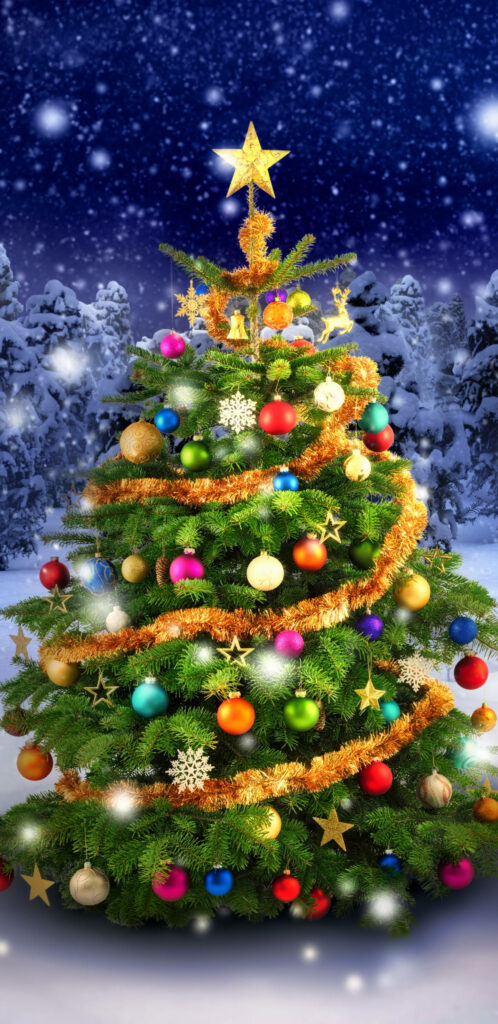 Stunning Christmas Tree Phone Wallpaper in Snowy Forest Background