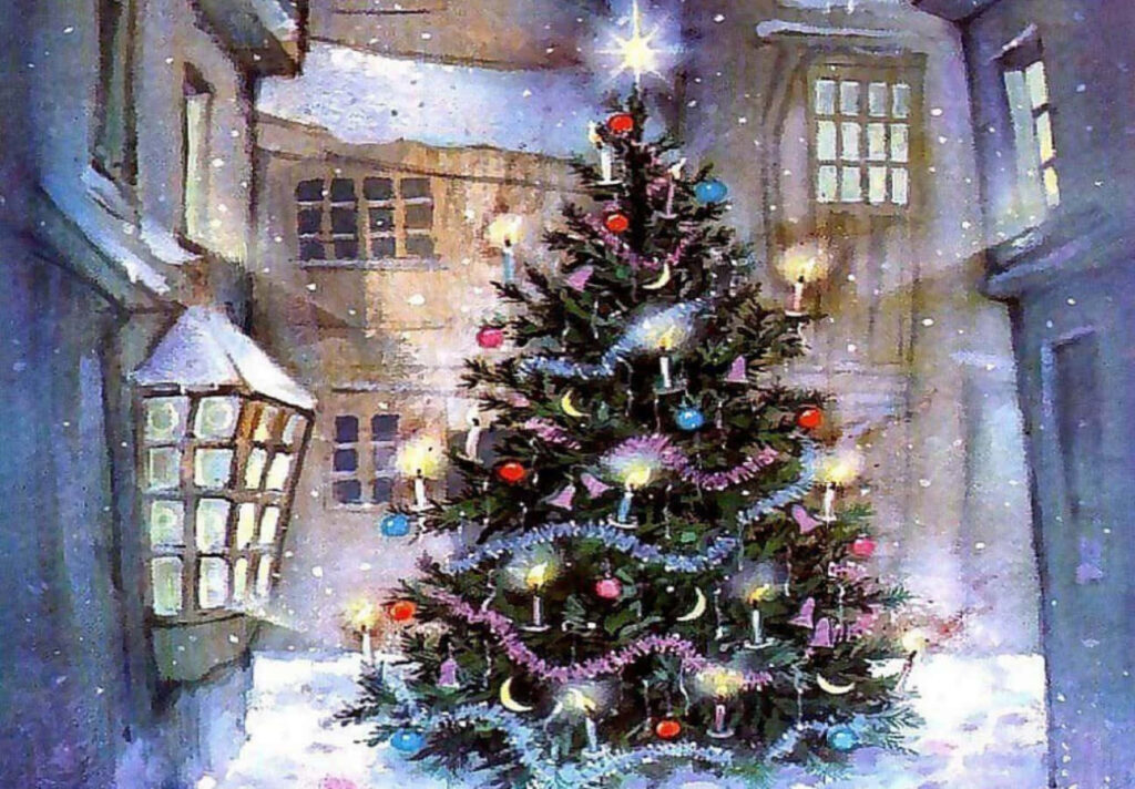 Beautiful Christmas Tree in a Cozy Snowy Courtyard: Festive Warmth Wallpaper