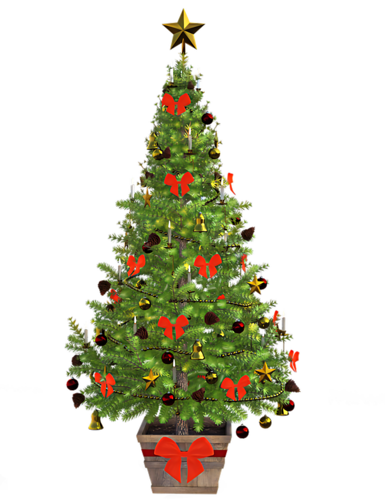 Festive Christmas Tree Wallpaper with Red Bows & Gold Bells
