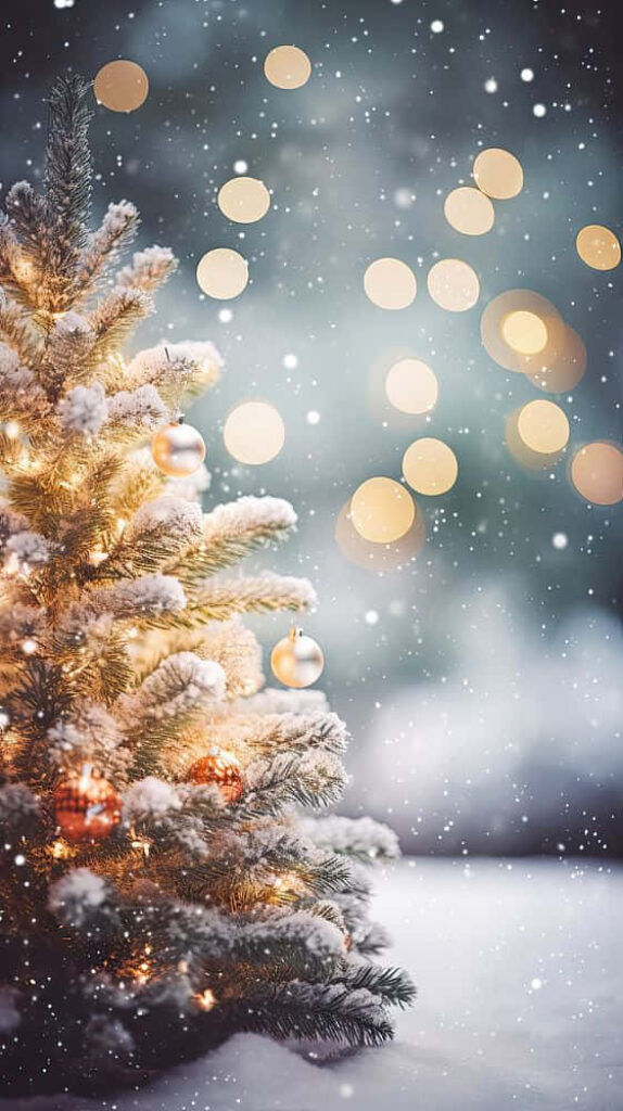 Charming Christmas Tree Wallpaper with Snowy Background & Golden Lights