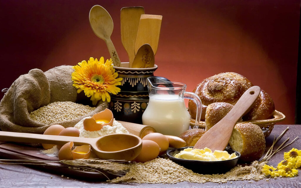 Charming Food Table Wallpaper: Pastries, Fresh Ingredients & Decor