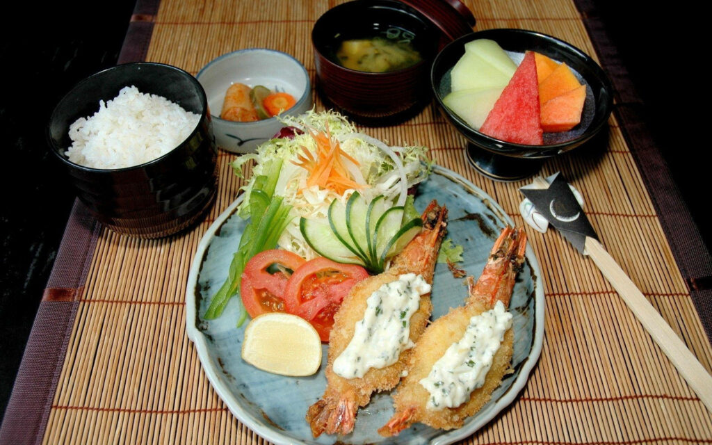 Stunning Japanese Lunch Wallpaper: Tempura, Salad, Rice & Fruits