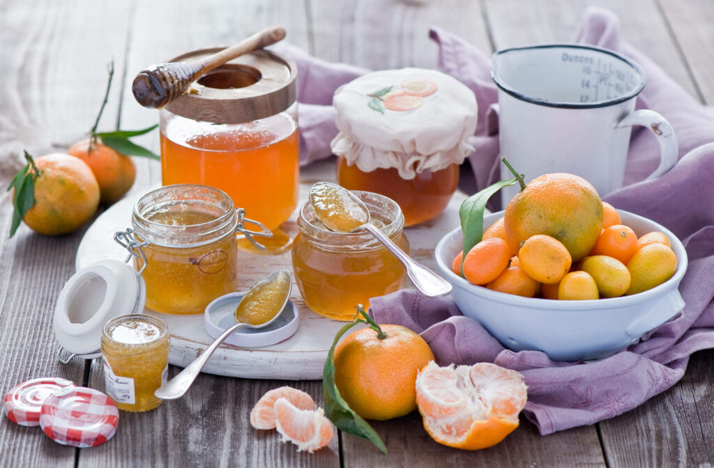 Rustic Wallpaper: Kumquat Jam & Fresh Citrus on Wooden Table