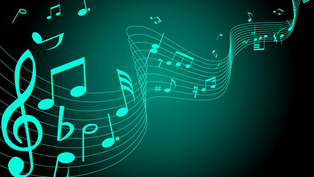 Vibrant digital music wallpaper with glowing cyan notes and flowing staves on dark green background