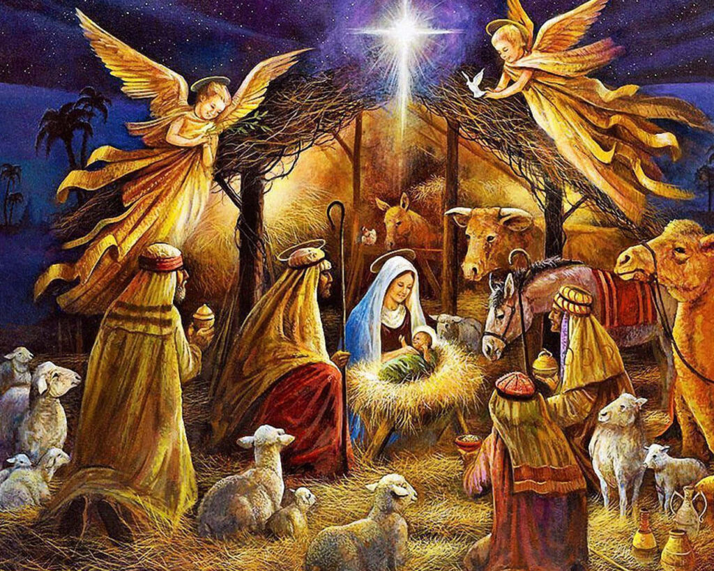 Nativity Scene Wallpaper: Mary, Joseph & Baby Jesus Under Starry Sky