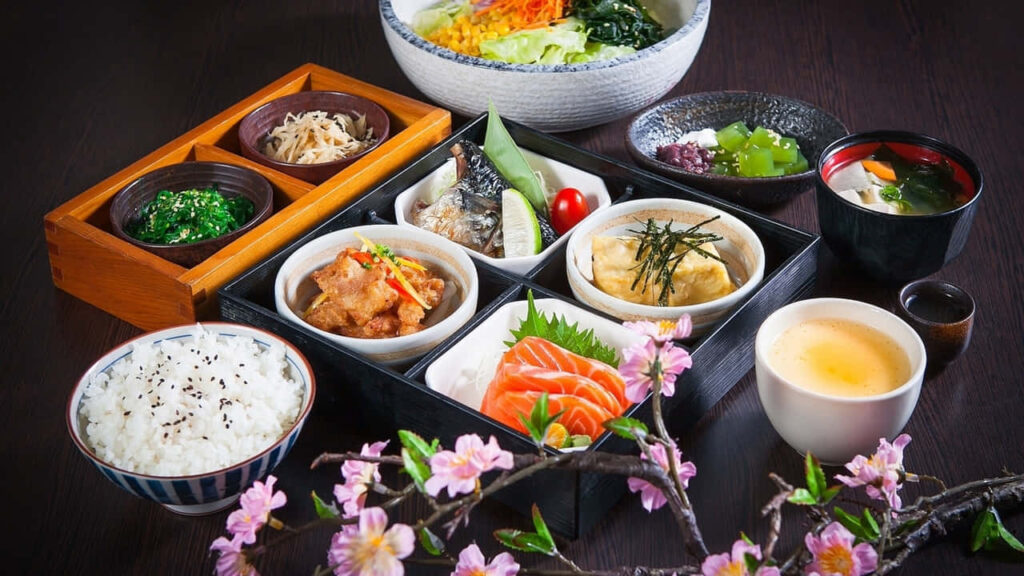 Beautiful Japanese Meal Wallpaper: Sashimi, Rice & Colorful Sides