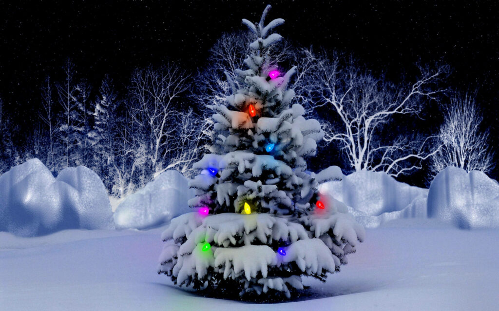 Festive Snowy Christmas Tree Wallpaper: Colorful Lights & Serene Landscape