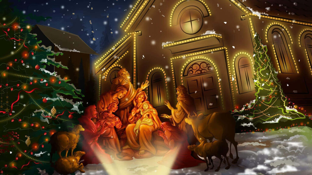 Vibrant Christmas Nativity Scene Wallpaper with Festive Decor