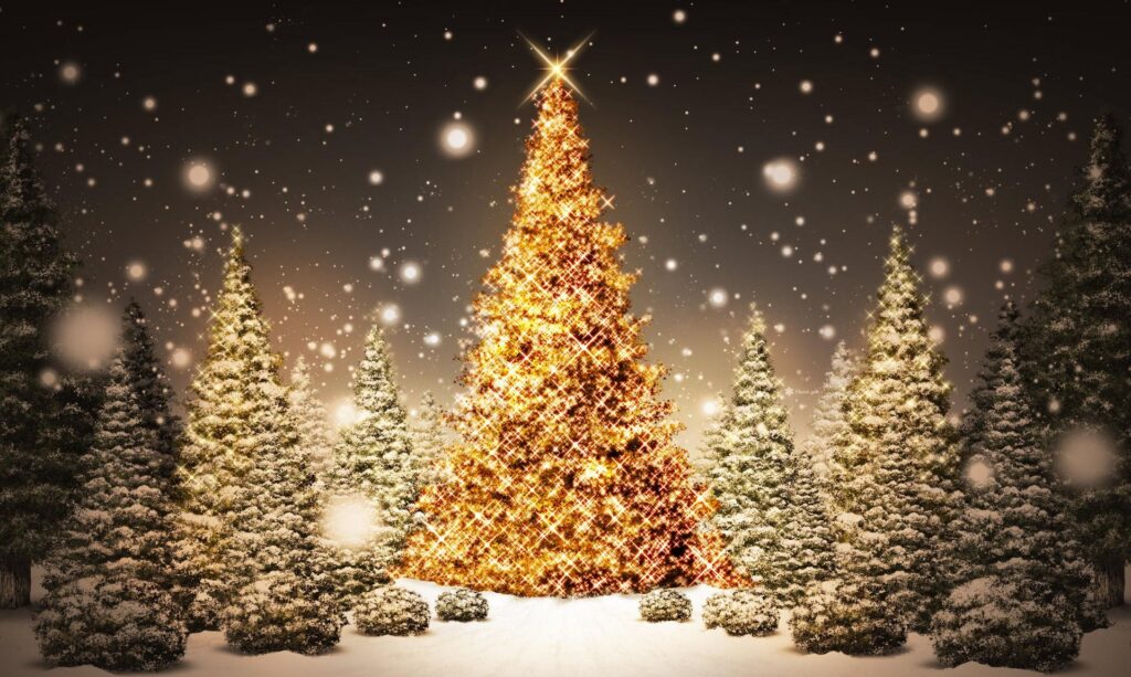Serene Christmas Tree Wallpaper: Snowy Night Scene & Falling Snowflakes