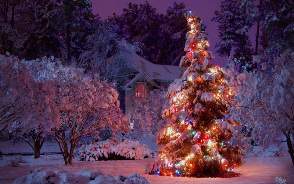 Magical Christmas Tree Wallpaper with Snowy Winter Landscape