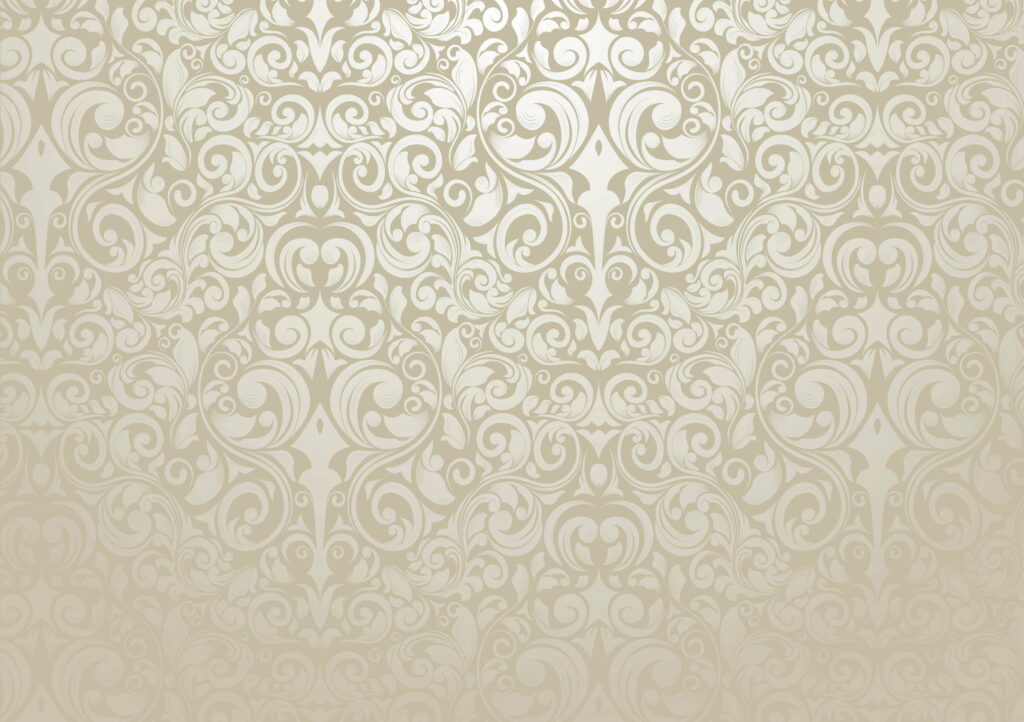 Beige floral damask wallpaper with ornate scrolling motifs creating a luxurious tapestry effect