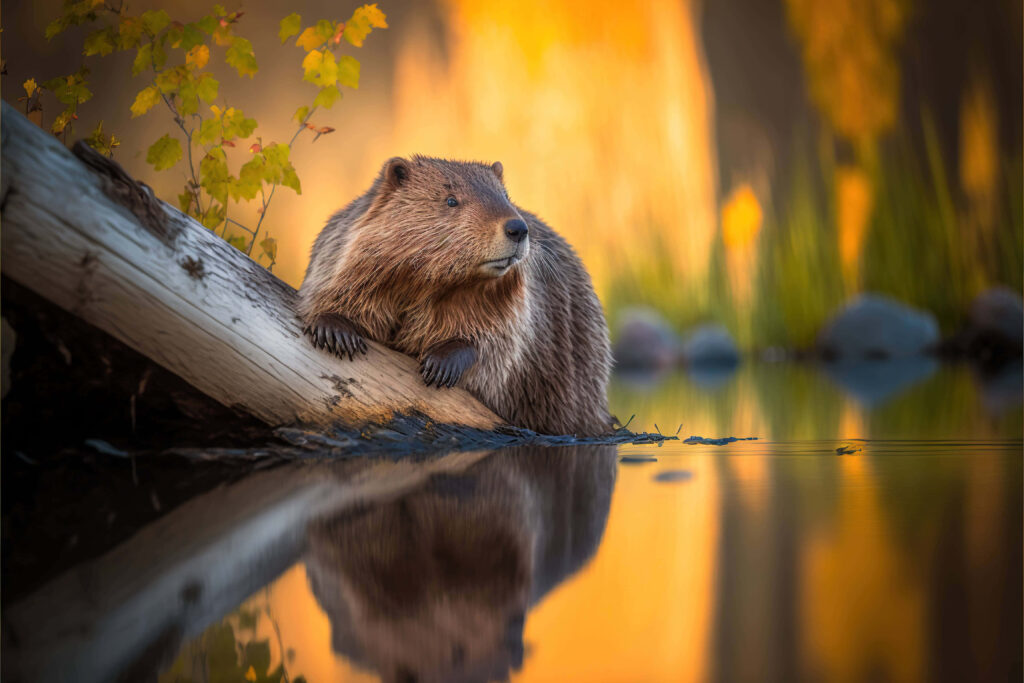 Beaver resting on fallen log by water edge during golden sunset with warm reflective hues wallpaper