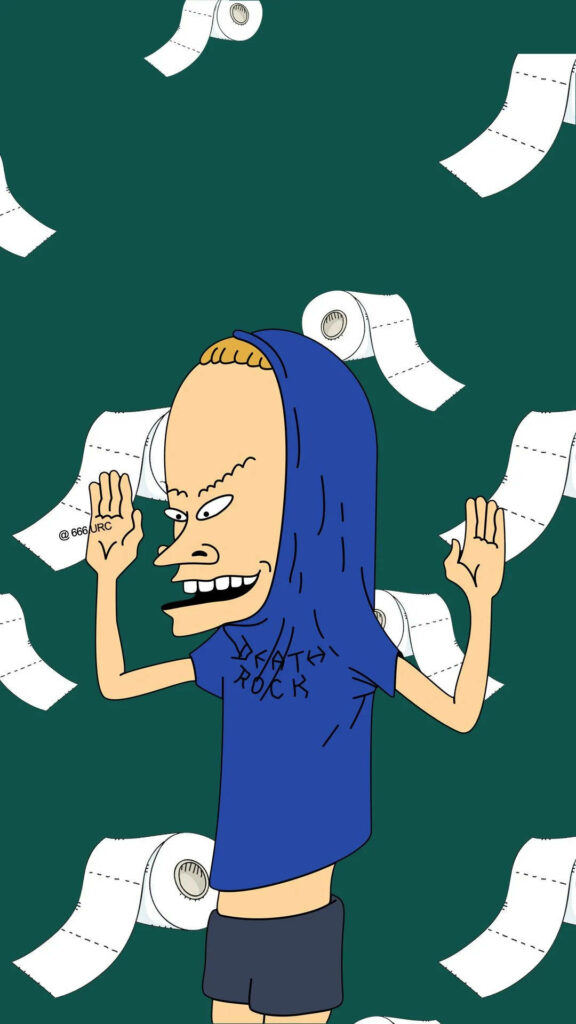 Beavis in blue shirt and hood posing with tissue rolls scattered on green wallpaper background