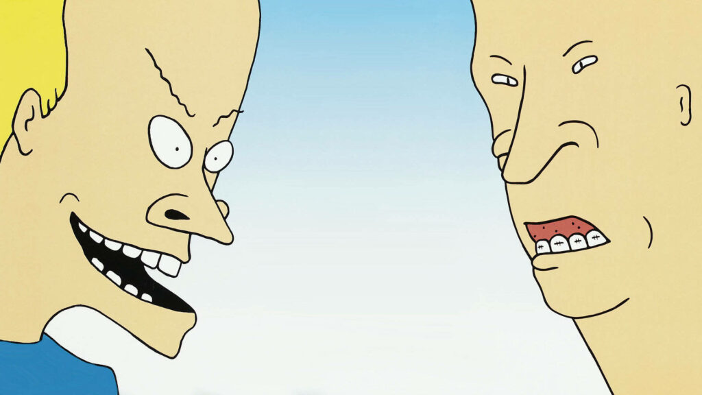 Close-up vibrant Beavis and Butt-Head portraits with exaggerated expressions on gradient wallpaper