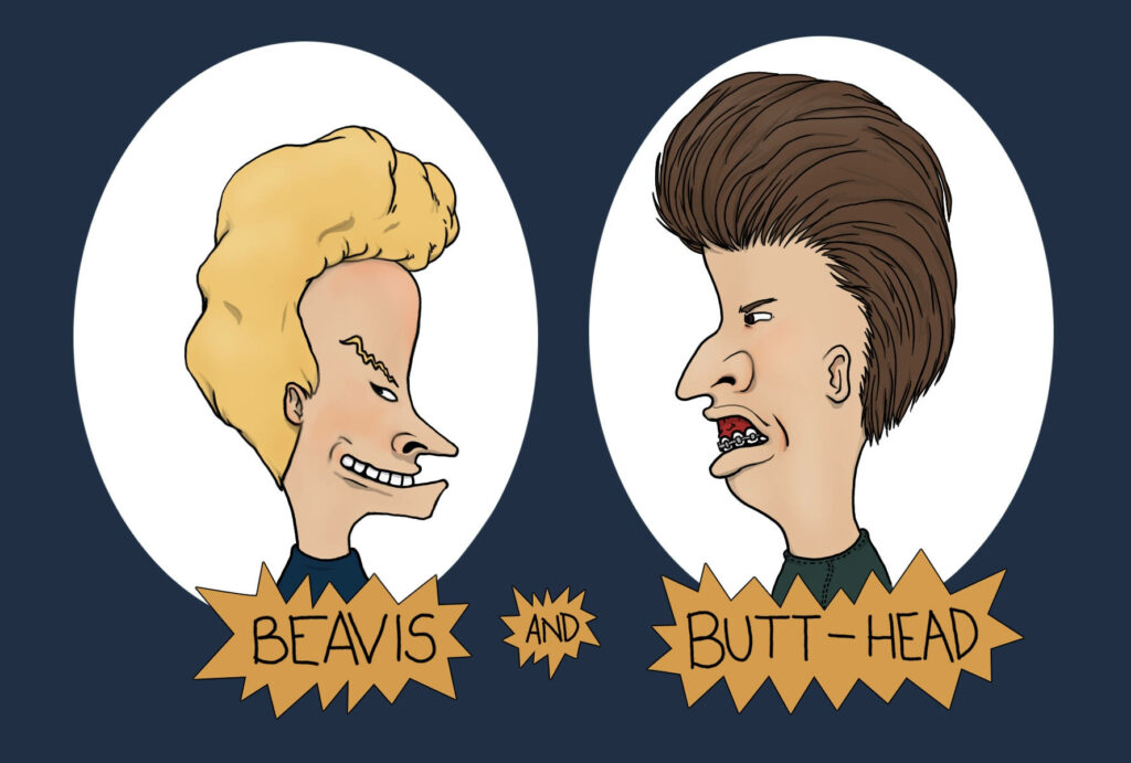 Beavis and Butt-head cartoon duo with humorous expressions on dark background wallpaper