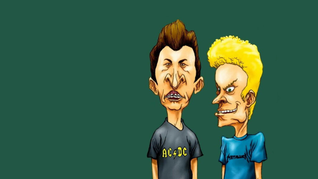 Caricature of Beavis and Butt-Head in band t-shirts on green background rebellious cartoon wallpaper