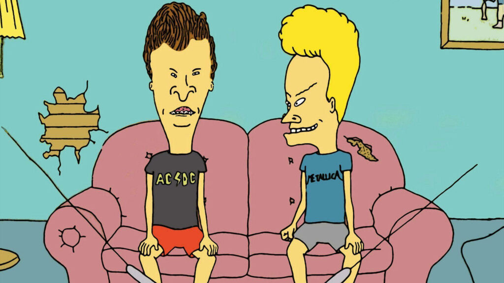Beavis and Butt-Head on worn pink couch in classic living room animated background wallpaper
