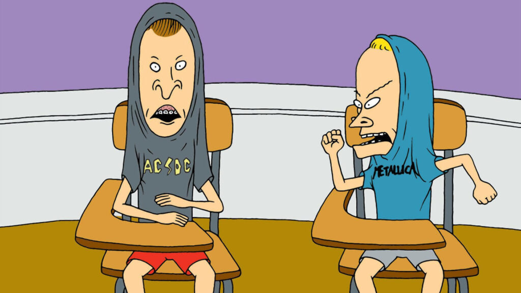Beavis and Butt-Head mischievous in classroom with shirts over heads iconic animated cartoon scene Wallpaper
