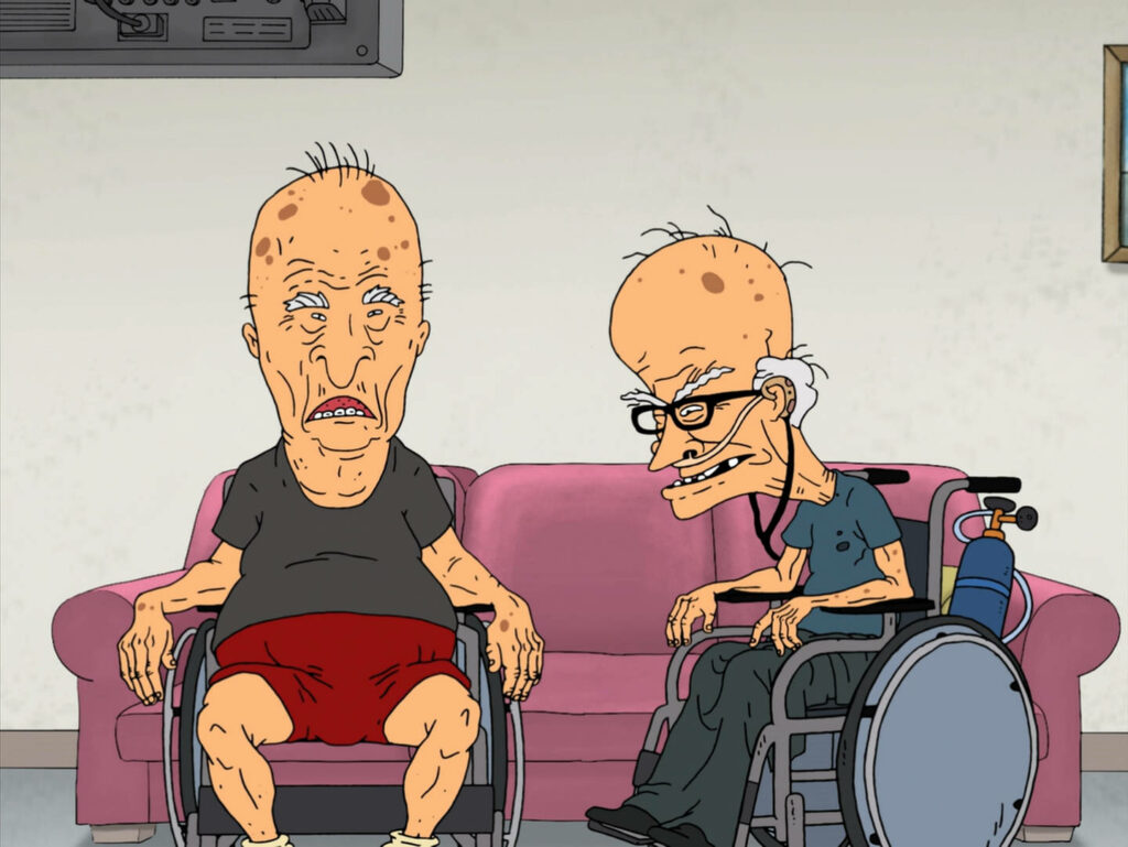 Elderly Beavis and Butt-Head sitting in wheelchairs on couch humorous classic animated duo wallpaper