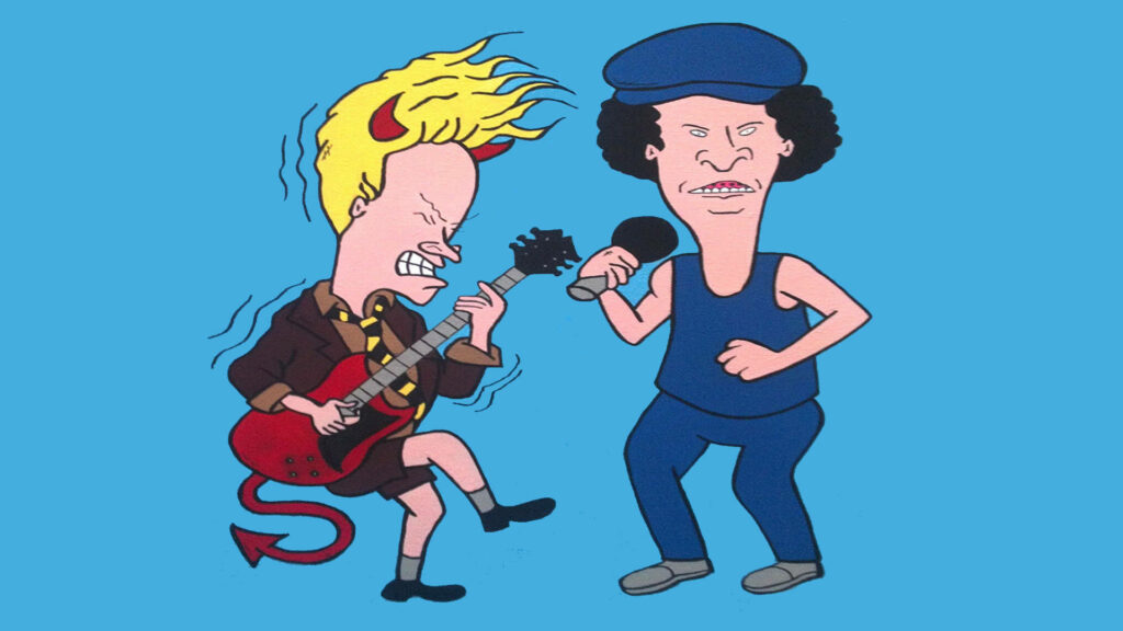 Beavis playing electric guitar and Butt-Head singing on blue background cartoon performance wallpaper
