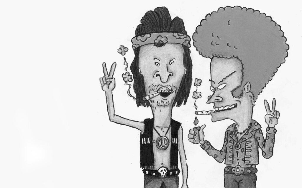 Beavis and Butt-Head in hippie outfits with peace signs flowers headbands retro vibe wallpaper
