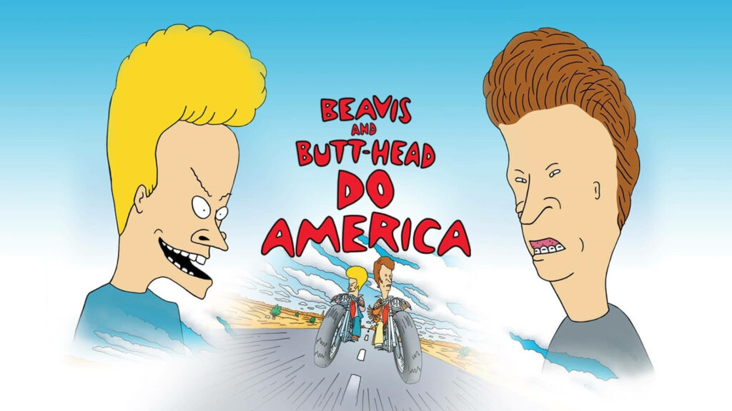 Beavis and Butt-Head riding motorcycles on highway with cartoon faces and movie title background Wallpaper