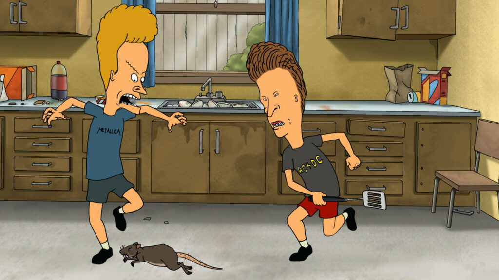 Beavis and Butt-Head panic in messy kitchen spotting rat one holding spatula animated wallpaper background