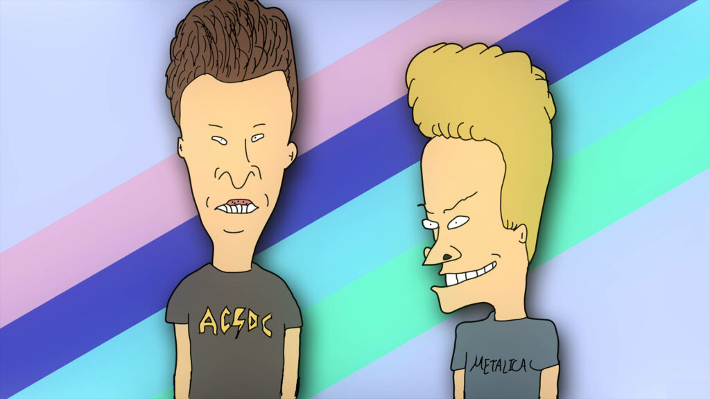 Beavis and Butt-Head cartoon wallpaper with bold diagonal stripes and pastel background colors
