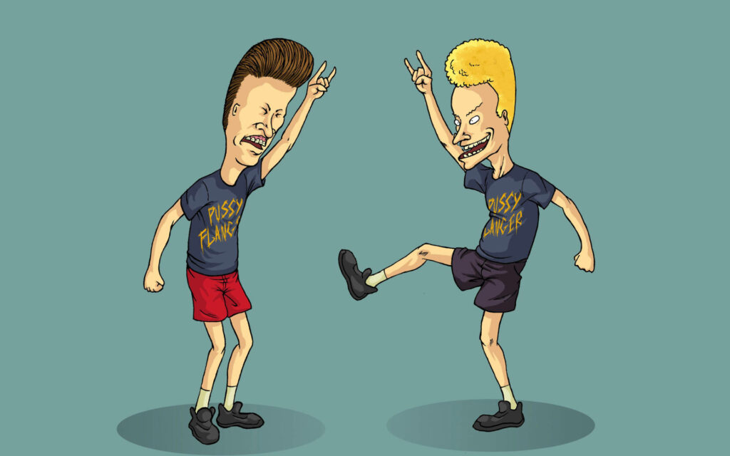 Beavis and Butt-Head wearing signature t-shirts and shorts striking rock hand horns on blue background Wallpaper