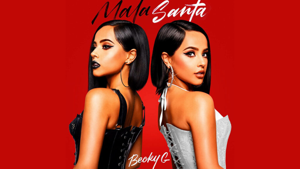Becky G Mala Santa album cover wallpaper with vibrant red background and contrasting styles