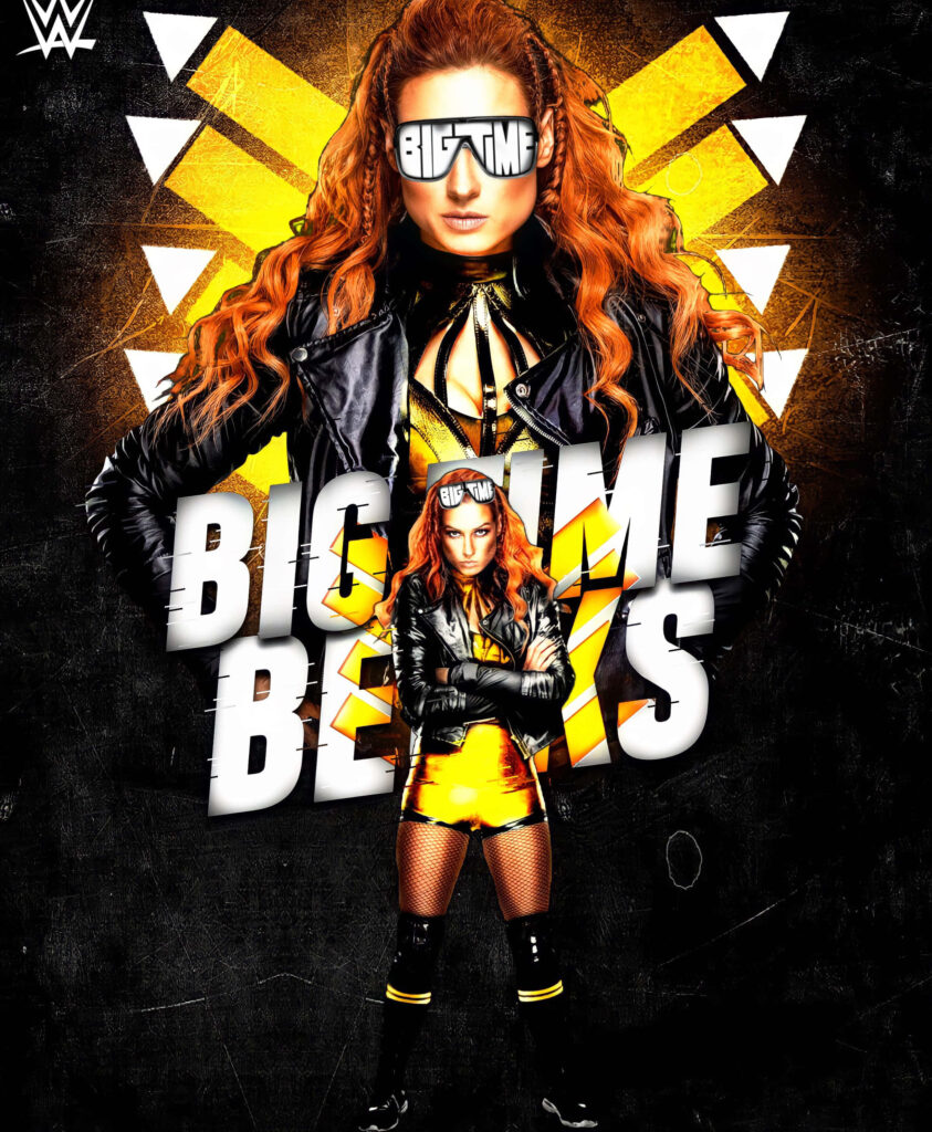 Becky Lynch in bold black and yellow Big Time Becks outfit with dynamic arrow background wallpaper
